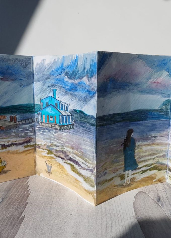 Рисуем длинный пейзаж-панораму смешанными материалами в книжке-гармошке. Мастер-класс